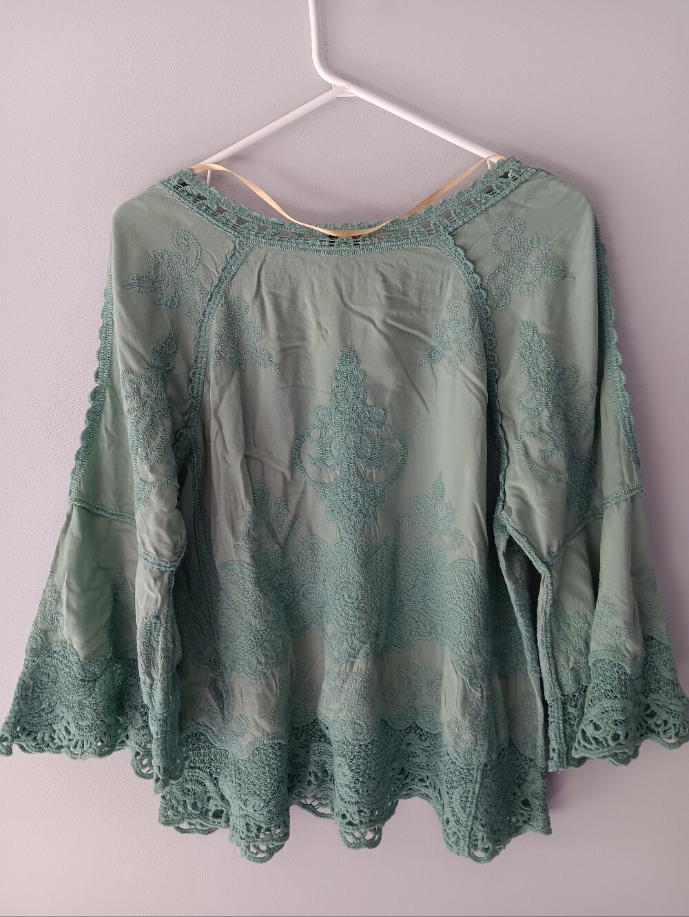 Democracy Boho Lace Embroidered Blouse Long Bell Sleeves Aqua Blue Small - Picture 4 of 14